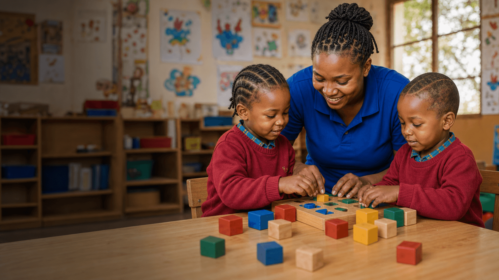 Caregiver guiding children through a classroom activity